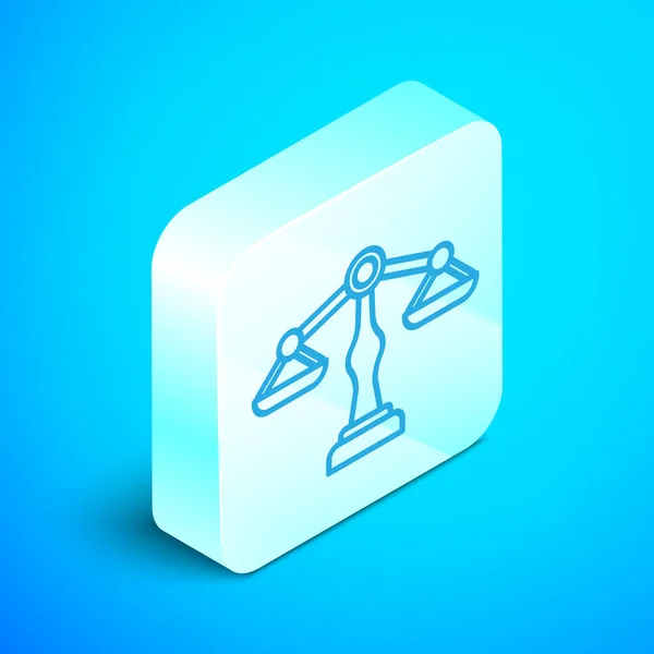 사법 상징의 등거리적 인 저울은 푸른 배경에 분리되어 있습니다. 법정 상징. 균형의 표시. 은색 네모 단추. 벡터 일러스트 — 스톡 벡터
