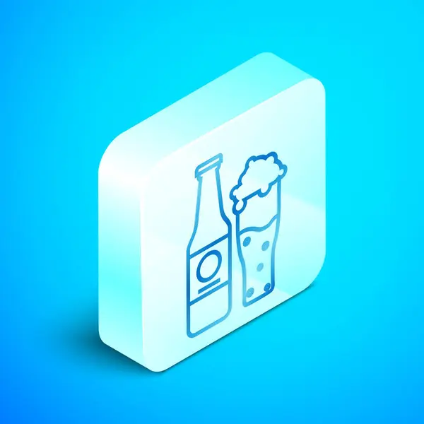 Isometric hattı bira şişesi ve cam ikon mavi arka planda izole. Alkol içeceği sembolü. Gümüş kare düğme. Vektör İllüstrasyonu — Stok Vektör
