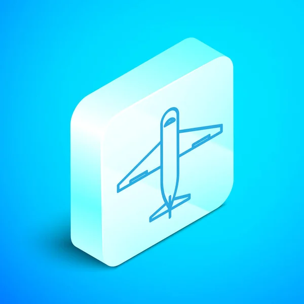 Icono plano de línea isométrica aislado sobre fondo azul. Entrega, transporte. Entrega de carga por vía aérea. Avión con paquetes, cajas. Botón cuadrado plateado. Ilustración vectorial — Vector de stock