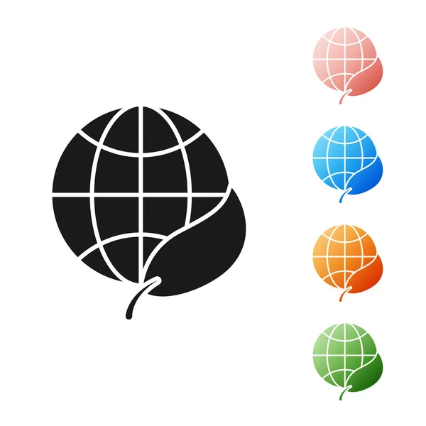 Black Earth globe and leaf icon isolated on white background. World or Earth sign. Geometric shapes. Environmental concept. Set icons colorful. Vector Illustration — Stock Vector