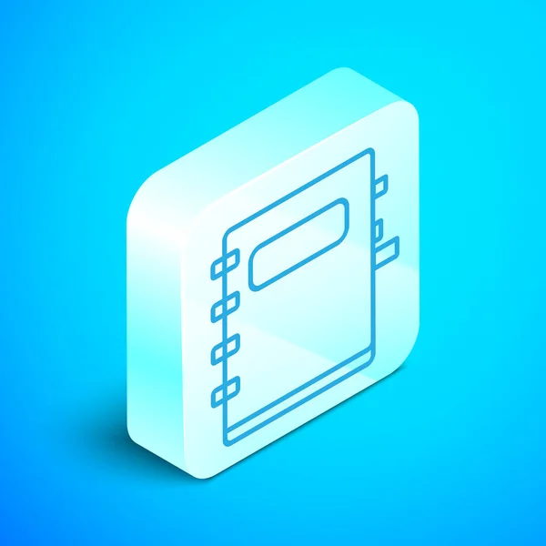 Isometrische Linie Notizbuch-Symbol isoliert auf blauem Hintergrund. Spirale Notizblock Symbol. Schulheft. Schreibblock. Tagebuch für die Schule. Silberner quadratischer Knopf. Vektorillustration — Stockvektor