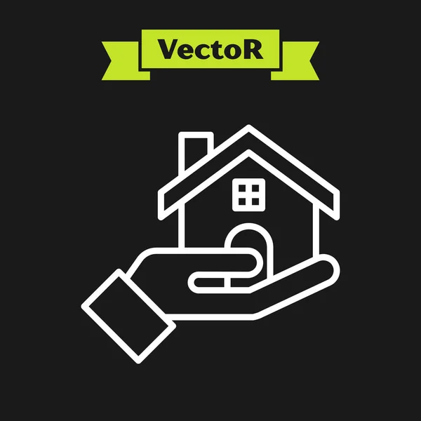 Línea blanca Icono del agente inmobiliario aislado sobre fondo negro. Comprando casa. Ilustración vectorial — Vector de stock