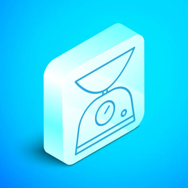 Isometric line Scales icon isolated on blue background. Weight measure equipment. Silver square button. Vector Illustration — Stock Vector