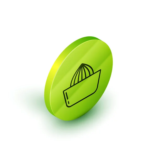 Icono de exprimidor de cítricos de línea isométrica aislado sobre fondo blanco. Botón círculo verde. Ilustración vectorial — Vector de stock