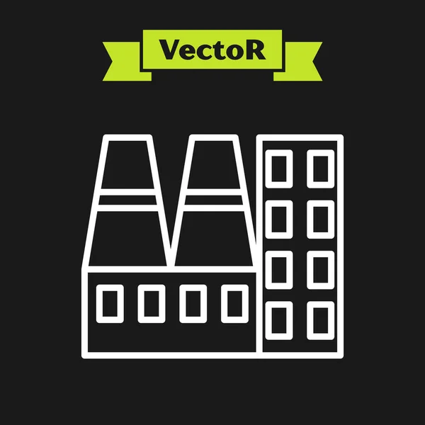 Centrale elettrica a linea bianca e icona di fabbrica isolata su sfondo nero. Concetto industriale energetico. Illustrazione vettoriale — Vettoriale Stock