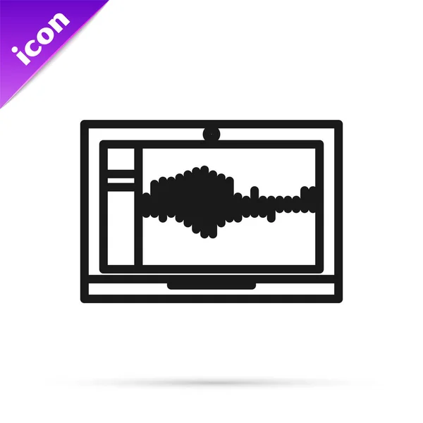 Linea nera Registratore audio o audio o software editor sull'icona del computer portatile isolato su sfondo bianco. Illustrazione vettoriale — Vettoriale Stock