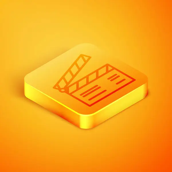 Isometric line Movie clapper icon isolated on orange background. Film clapper board. Clapperboard sign. Cinema production or media industry concept. Orange square button. Vector Illustration — Stock Vector