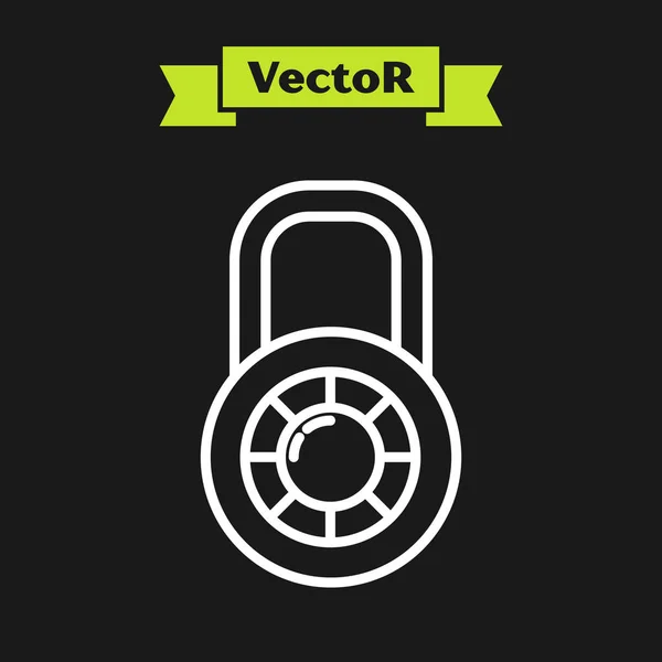 Línea blanca Icono seguro de rueda de bloqueo combinado aislado sobre fondo negro. Candado de combinación. Seguridad, seguridad, protección, contraseña, privacidad. Ilustración vectorial — Vector de stock