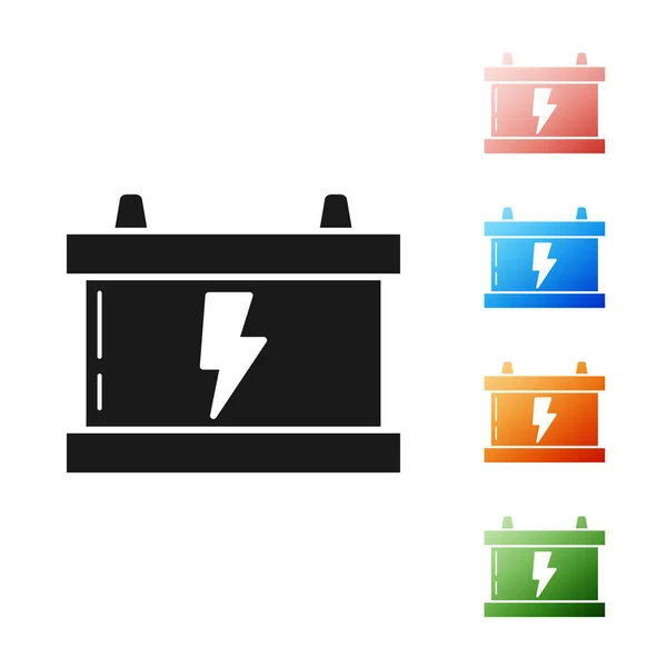 Czarny samochód ikona baterii izolowane na białym tle. Akumulator energii baterii i akumulator energii elektrycznej baterii. Piorun. Zestaw ikon kolorowe. Ilustracja wektora — Wektor stockowy