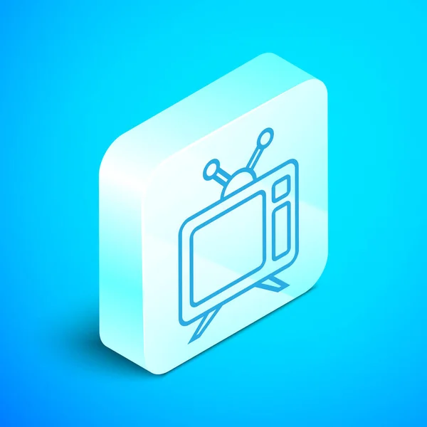 Isometrische Linie TV-Symbol isoliert auf blauem Hintergrund. Fernsehzeichen. Silberner quadratischer Knopf. Vektorillustration — Stockvektor