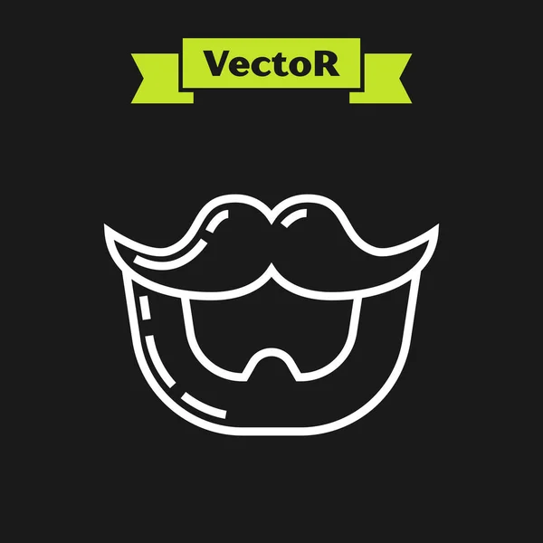 Ligne blanche Moustache et icône de la barbe isolé sur fond noir. Symbole du coiffeur. Coiffure faciale. Illustration vectorielle — Image vectorielle