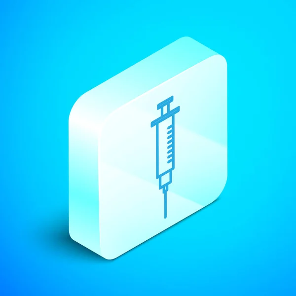 Icono de jeringa de línea isométrica aislado sobre fondo azul. Jeringa para vacuna, vacunación, inyección, vacuna contra la gripe. Equipo médico. Botón cuadrado plateado. Ilustración vectorial — Archivo Imágenes Vectoriales