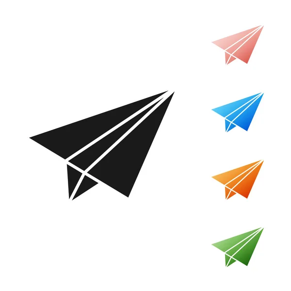 Ícone de avião de papel preto isolado no fundo branco. Definir ícones coloridos. Ilustração vetorial — Vetor de Stock
