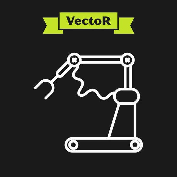 White Line Industriemaschine Roboterarm Hand Fabrik Symbol isoliert auf schwarzem Hintergrund. Industrieroboter-Manipulator. Vektorillustration — Stockvektor