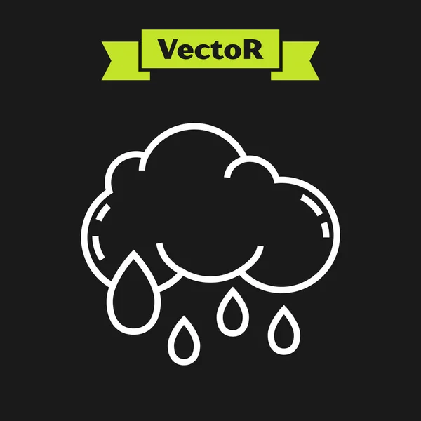 Weiße Linie Wolke mit Regensymbol isoliert auf schwarzem Hintergrund. Regenwolken mit Regentropfen. Vektorillustration — Stockvektor