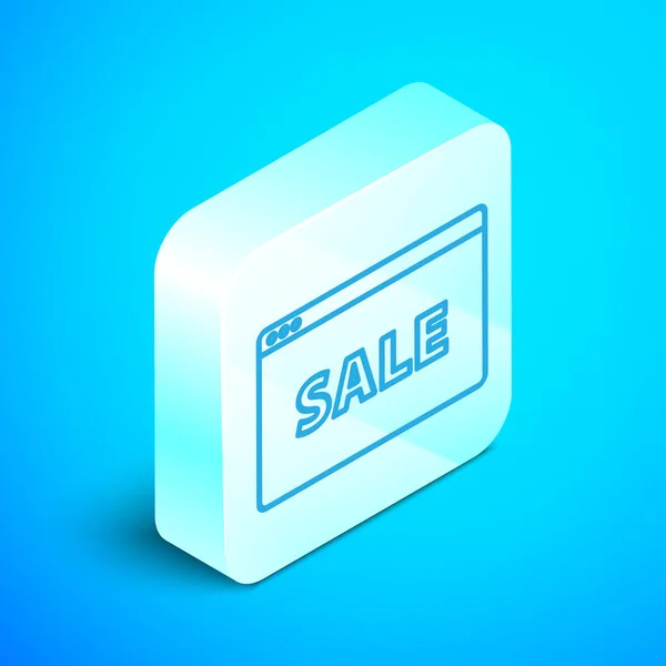 Изометрическая линия Висячий знак с текстом Онлайн Продажа значок изолирован на синем фоне. Доска с текстом Sale. Серебряная кнопка. Векторная миграция — стоковый вектор