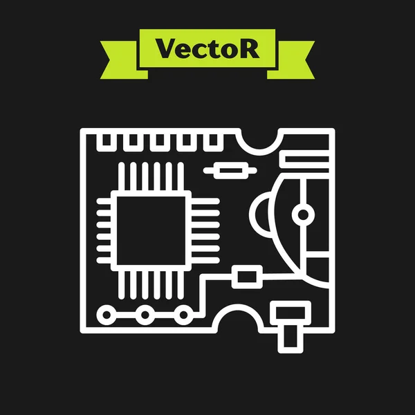 Ligne blanche Carte de circuit imprimé Icône PCB isolée sur fond noir. Illustration vectorielle — Image vectorielle