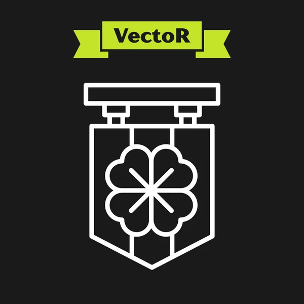 Letrero de calle de línea blanca con icono de trébol de cuatro hojas aislado sobre fondo negro. Adecuado para anuncios bar, cafetería, pub. Ilustración vectorial — Vector de stock