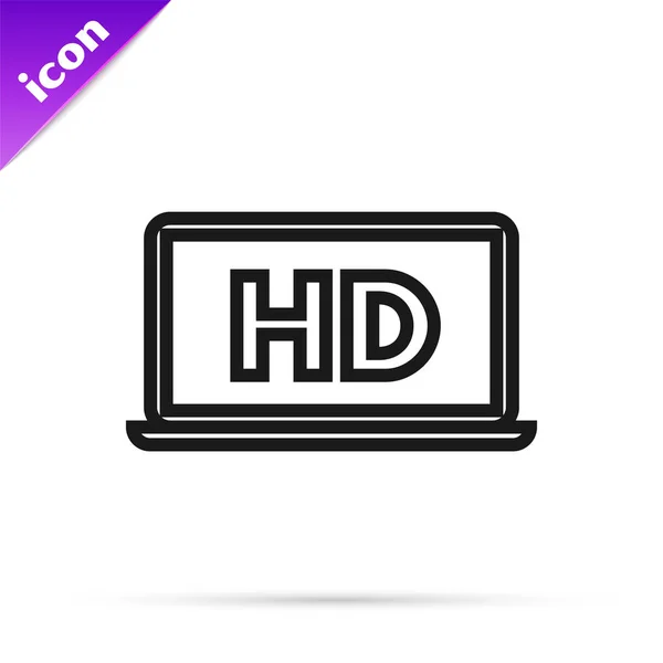HD 비디오 기술 아이콘이 달린 블랙 라인 노트북 화면은 흰색 배경에 분리되어 있다. 벡터 일러스트 — 스톡 벡터