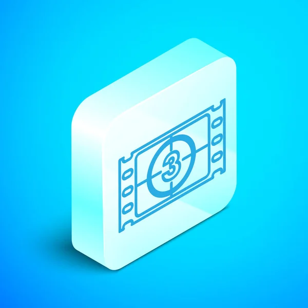 Isometrische Linie spielt Video-Symbol isoliert auf blauem Hintergrund ab. Filmstreifen mit Startschild. Silberner quadratischer Knopf. Vektorillustration — Stockvektor