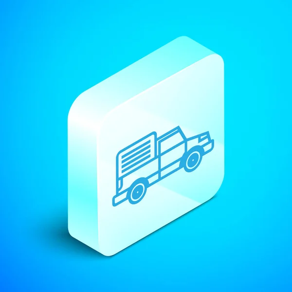 Línea isométrica Icono del vehículo del camión de carga de entrega aislado sobre fondo azul. Botón cuadrado plateado. Ilustración vectorial — Archivo Imágenes Vectoriales