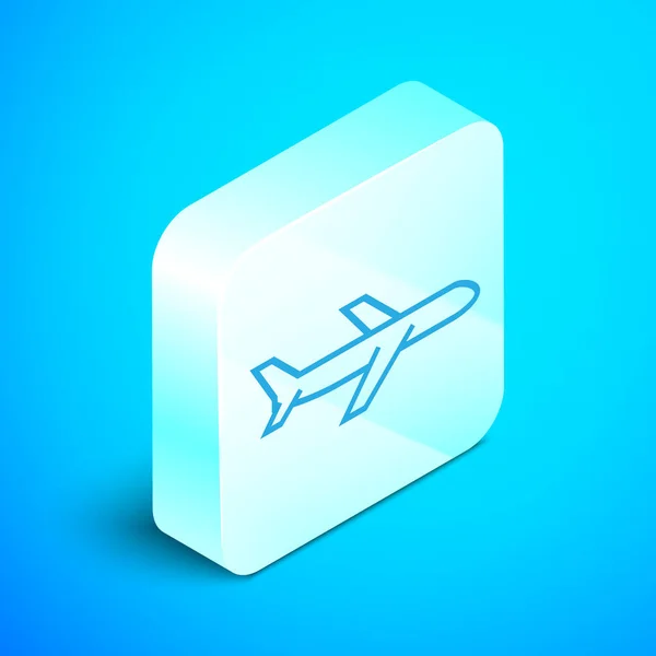 Icono plano de línea isométrica aislado sobre fondo azul. Icono del avión volador. Firma del avión. Botón cuadrado plateado. Ilustración vectorial — Vector de stock