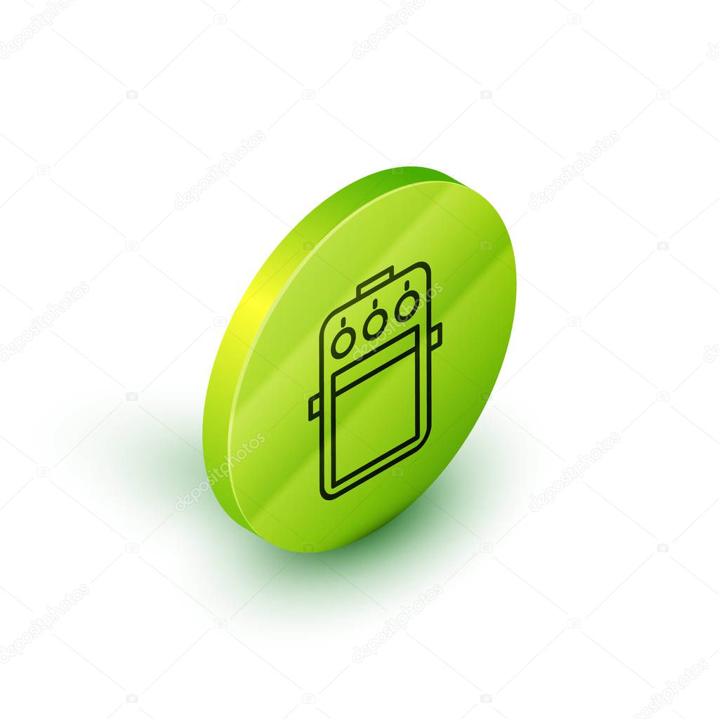 Isometric line Guitar pedal icon isolated on white background. Musical equipment. Green circle button. Vector Illustration