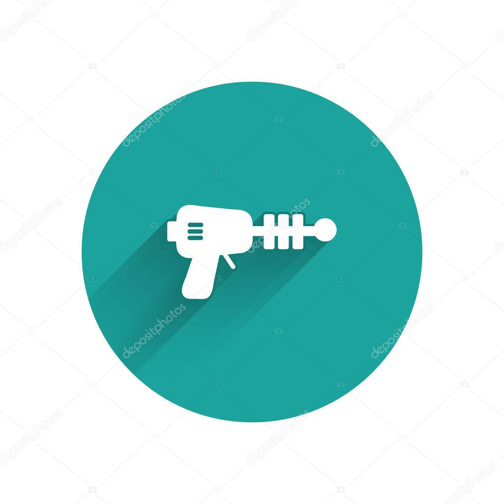 White Ray gun icon isolated with long shadow. Laser weapon. Space blaster. Green circle button. Vector Illustration