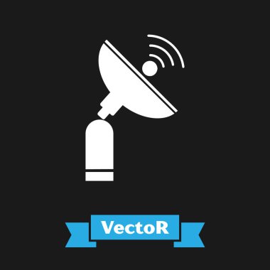 Beyaz Radar simgesi siyah arkaplanda izole edildi. Arama sistemi. Uydu sinyali. Vektör İllüstrasyonu