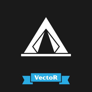 Beyaz Turist çadır simgesi siyah arka plan üzerinde izole. Kamp sembolü. Vektör İllüstrasyonu