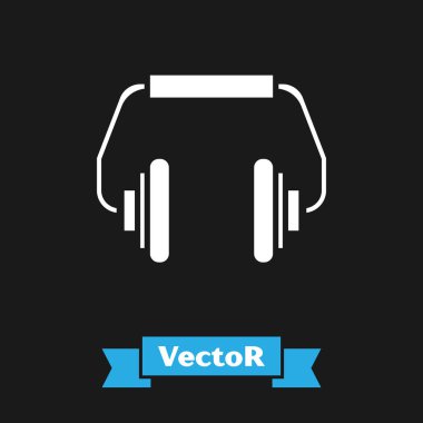 Siyah arkaplanda beyaz kulaklık simgesi var. Kulaklıklar. Müzik, hizmet, iletişim ve operatör konsepti. Vektör İllüstrasyonu