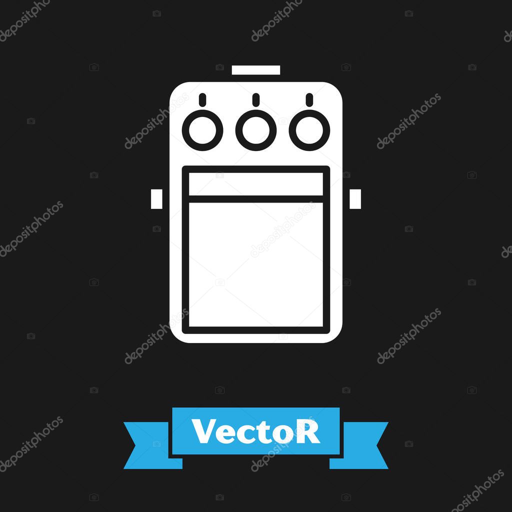 White Guitar pedal icon isolated on black background. Musical equipment.  Vector Illustration