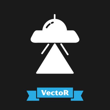 Beyaz Ufo uçan uzay gemisi simgesi siyah arkaplanda izole edildi. Uçan daire. Uzaylı uzay gemisi. Gelecekteki bilinmeyen uçan nesne. Vektör İllüstrasyonu