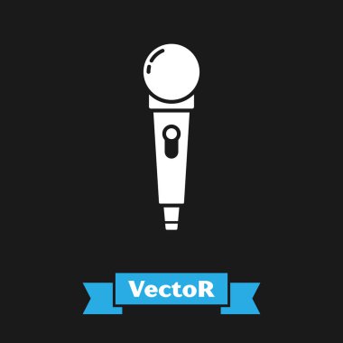 Siyah arkaplanda beyaz mikrofon simgesi izole edildi. Radyodaki mikrofondan. Sözcü işareti. Vektör İllüstrasyonu