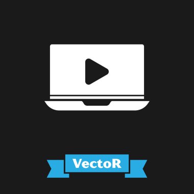 Siyah arkaplanda White Online video oynatma simgesi izole edildi. Dizüstü bilgisayar ve oyun işaretli film şeridi. Vektör İllüstrasyonu