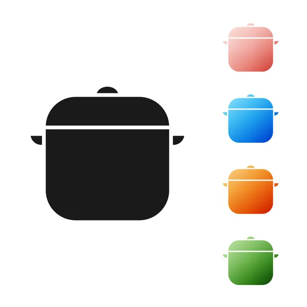 Zwarte kookpot pictogram geïsoleerd op witte achtergrond. Kook of stoofpot voedsel symbool. Stel pictogrammen kleurrijk. Vector Illustratie — Stockvector