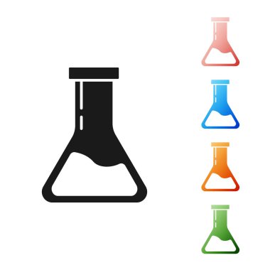 Siyah test tüpü ve matara. Beyaz arka planda izole edilmiş kimyasal laboratuvar ikonu. Laboratuvar cam levhası. Simgeleri renklendirin. Vektör İllüstrasyonu