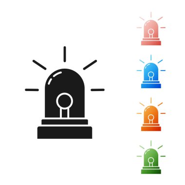 Siyah Flasher siren simgesi beyaz arkaplanda izole edildi. Acil durum sireni. Simgeleri renklendirin. Vektör İllüstrasyonu