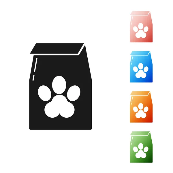 Black Bag of food for pet icon isolated on white background. Food for animals. Pet food package. Dog or cat paw print. Set icons colorful. Vector Illustration — Stock Vector