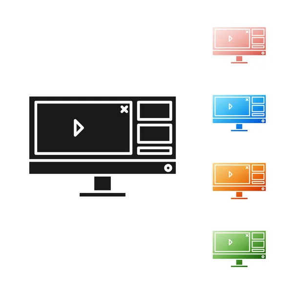 Schwarzer Videorecorder oder Editor-Software auf Computerbildschirm-Symbol auf weißem Hintergrund isoliert. setzen Symbole bunt. Vektorillustration — Stockvektor