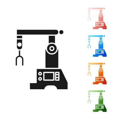 Siyah Assembly çizgi simgesi beyaz arkaplanda izole edildi. Otomatik üretim taşıyıcısı. Robot endüstrisi konsepti. Simgeleri renklendirin. Vektör İllüstrasyonu