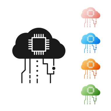 Beyaz arkaplanda izole edilmiş şeylerin siyah internet simgesi. Bulut hesaplama tasarım konsepti. Dijital ağ bağlantısı. Simgeleri renklendirin. Vektör İllüstrasyonu