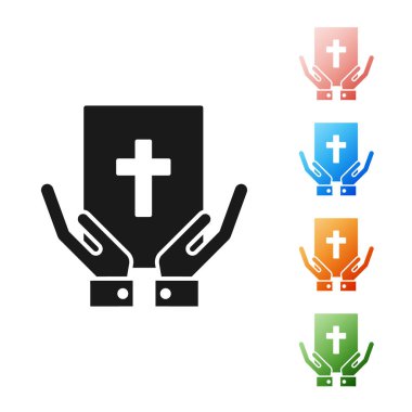 Beyaz arka planda izole edilmiş kutsal İncil ikonu üzerine siyah yemin. Mahkemedeki prosedür. Gerçek ve gerçek. Tanrı huzurunda söz ver. Simgeleri renklendirin. Vektör İllüstrasyonu