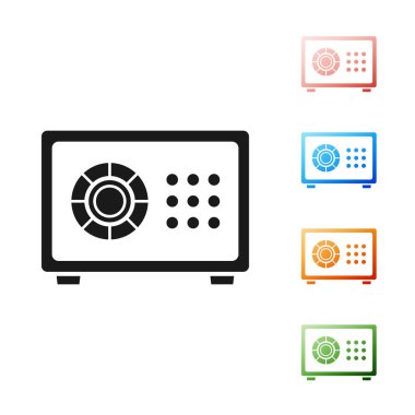 Siyah kasa simgesi beyaz arkaplanda izole edildi. Kapı, şifreli bir banka kasası. Güvenilir Veri Koruma. Simgeleri renklendirin. Vektör İllüstrasyonu