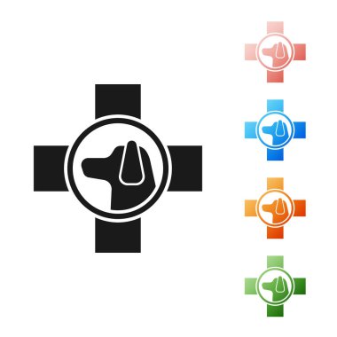 Siyah Veteriner kliniği sembol simgesi beyaz arka plan üzerinde izole. Köpek veteriner bakımı ile çapraz. Pet İlk Yardım işareti. Simgeleri renkli ayarlayın. Vektör İllüstrasyonu