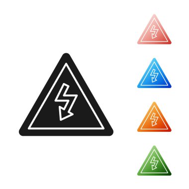 Siyah Yüksek Voltaj işareti simgesi beyaz arkaplanda izole edildi. Tehlike sembolü. Üçgendeki ok. Uyarı simgesi. Simgeleri renklendirin. Vektör İllüstrasyonu