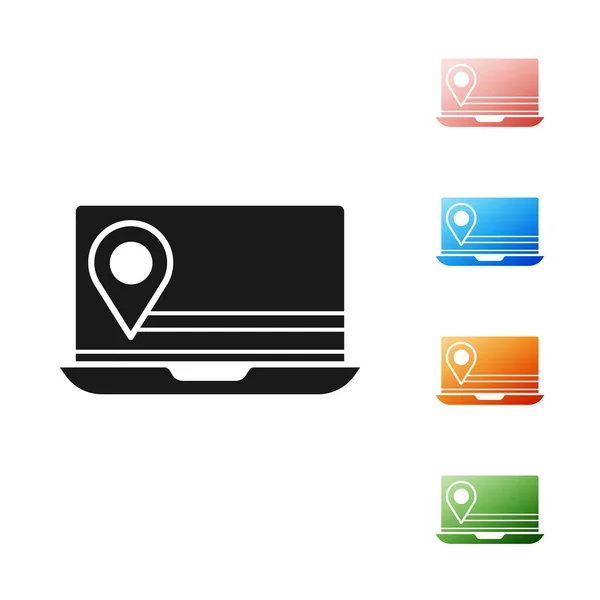 Zwarte Laptop met locatiemarkering pictogram geïsoleerd op witte achtergrond. Stel pictogrammen kleurrijk. Vector Illustratie — Stockvector