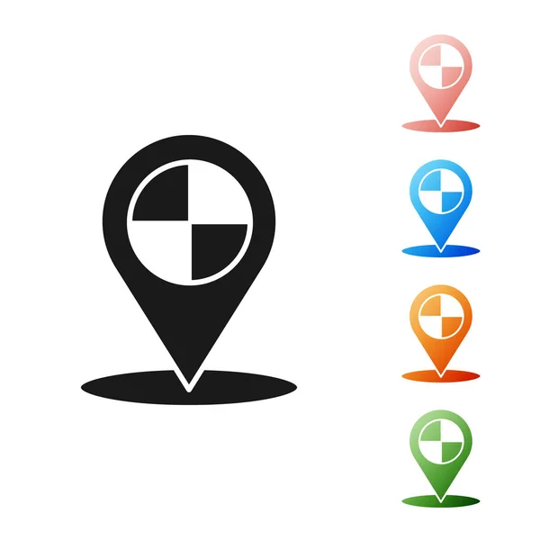 Zwarte kaart wijzer met taxi pictogram geïsoleerd op witte achtergrond. Locatie symbool. Stel pictogrammen kleurrijk. Vector Illustratie — Stockvector