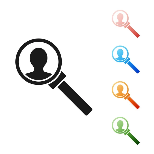 Black Magnifying glass for search icon isolated on white background. Recruitment or selection concept. Search for employees and job. Set icons colorful. Vector Illustration — Stock Vector