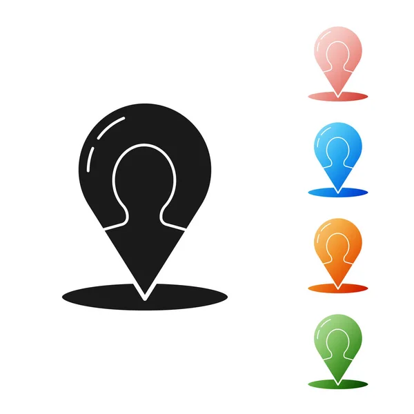 Zwarte marker met een silhouet van een persoon pictogram geïsoleerd op witte achtergrond. GPS locatiesymbool. Stel pictogrammen kleurrijk. Vector Illustratie — Stockvector